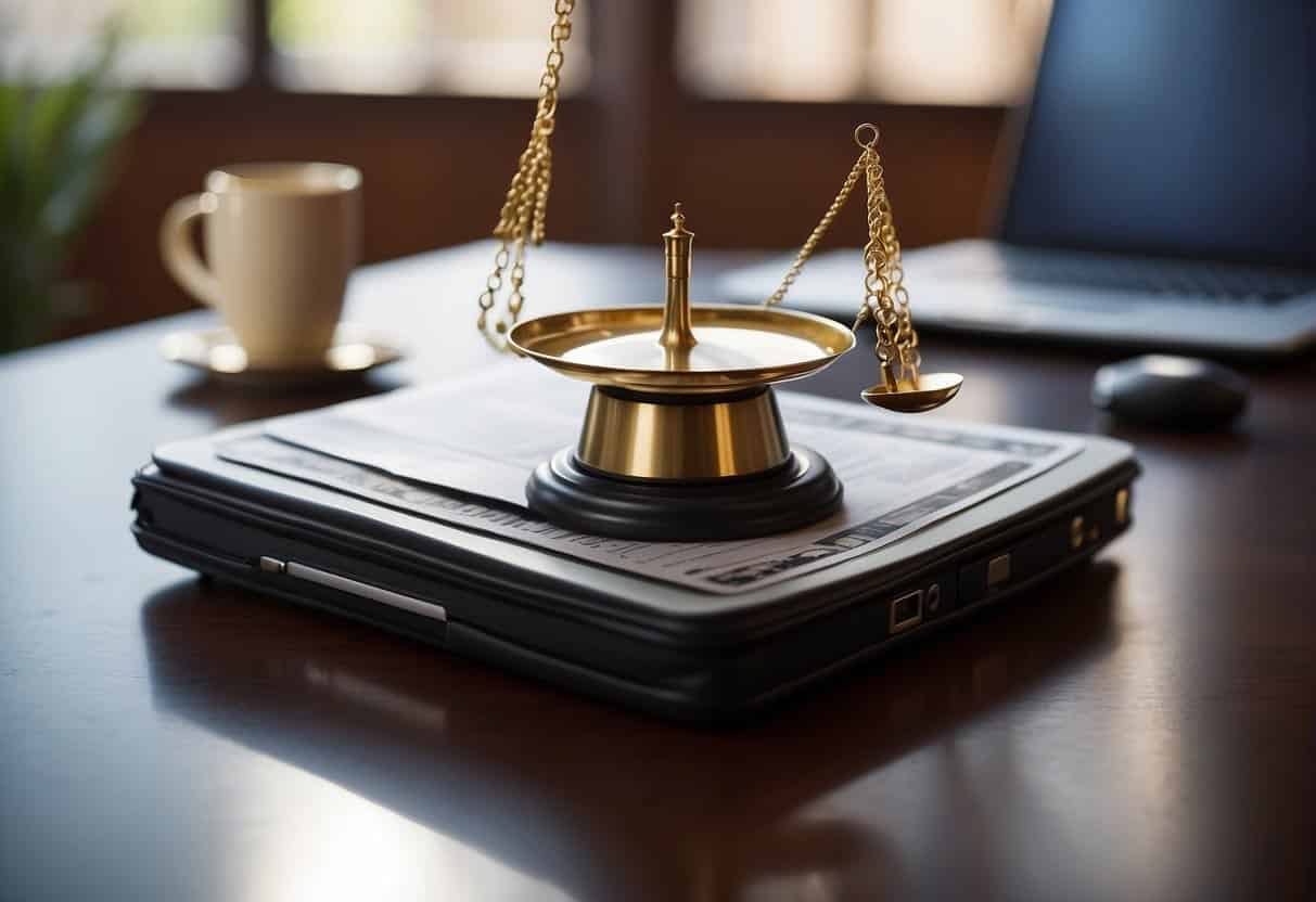 A table with a laptop, legal documents, and a scale balancing AI technology and intellectual property symbols