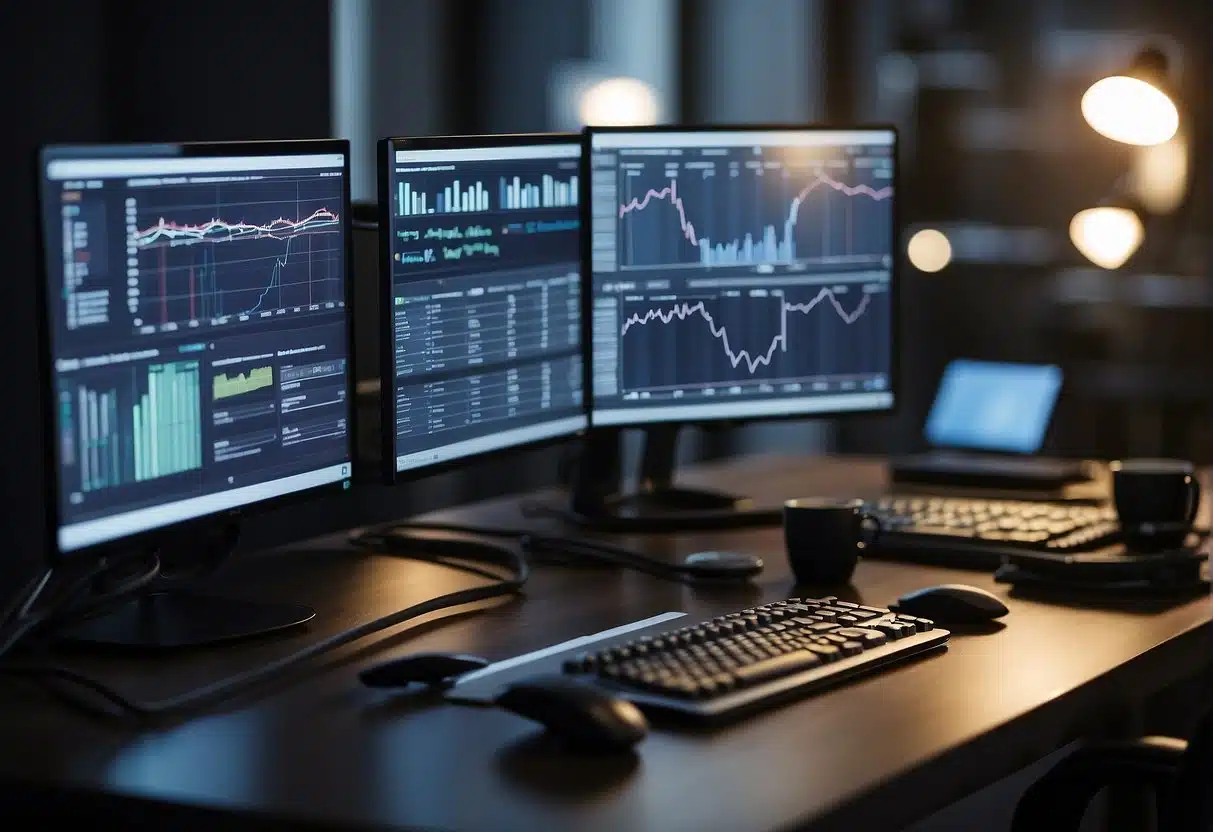 An office setting with computers and charts, showcasing AI's impact on business. Data analysis and graphs illustrate the influence of AI on productivity and efficiency