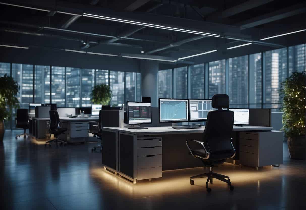 An office setting with AI algorithms and data analytics tools in action, showing increased productivity and cost savings