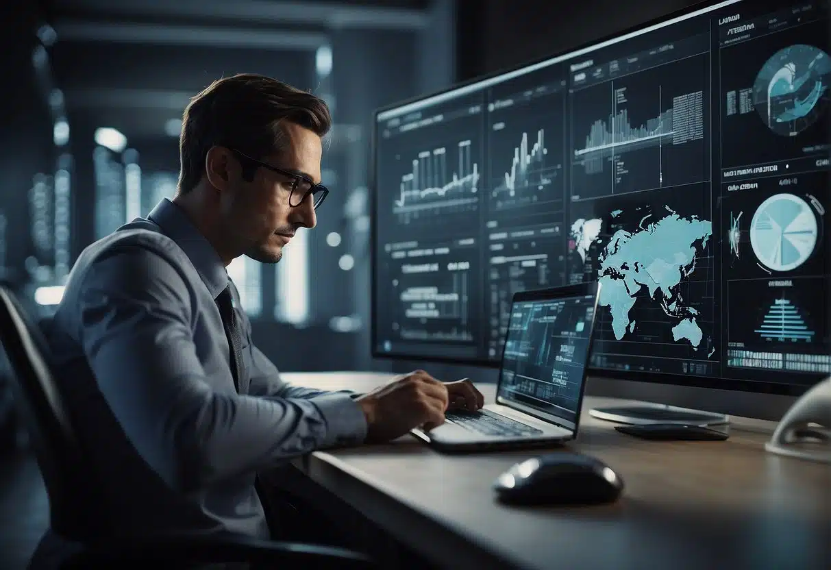 AI algorithms working on various tasks, surrounded by data and ethical guidelines. Impact measurements displayed in graphs and charts