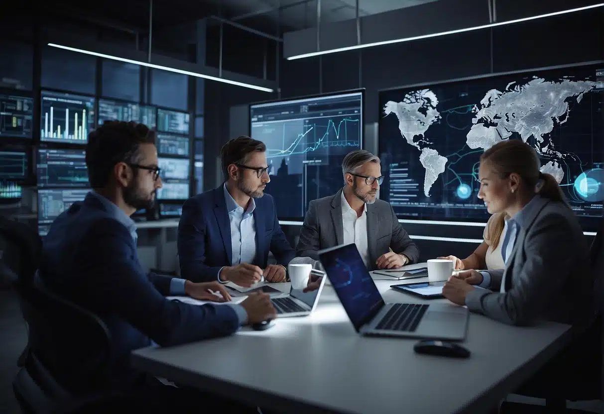 A team of AI experts collaborating in a modern office setting, with various technology and data analysis tools visible. Charts and graphs showcasing the impact of AI on business success