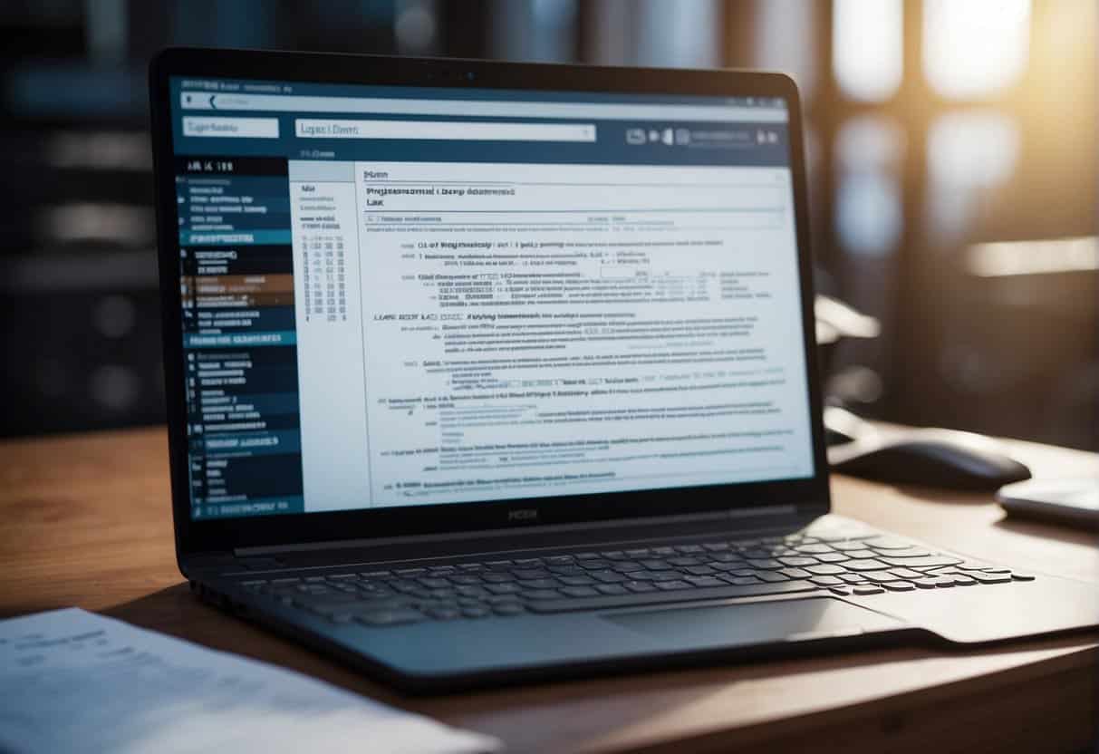 A stack of legal documents and a computer displaying AI technology