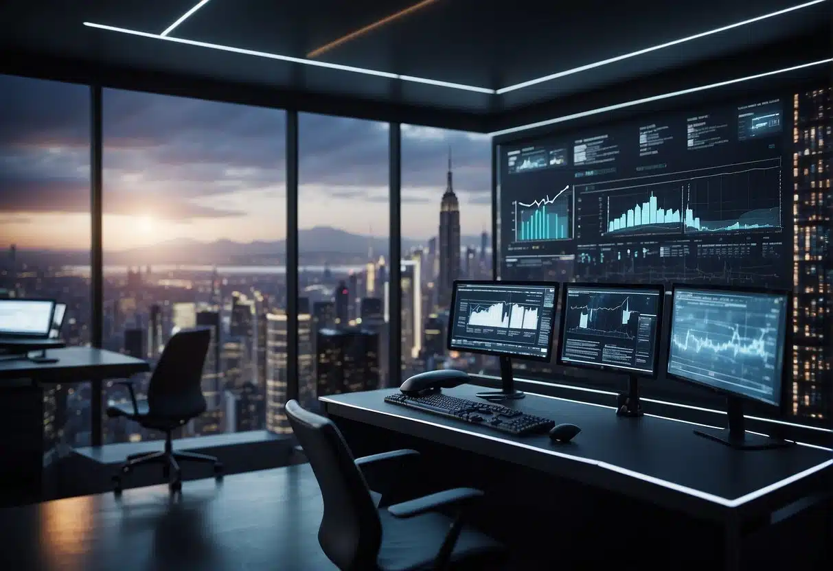 A futuristic office setting with AI technology seamlessly integrated into everyday business operations. Graphs and charts displaying the measurable impact of AI on business performance