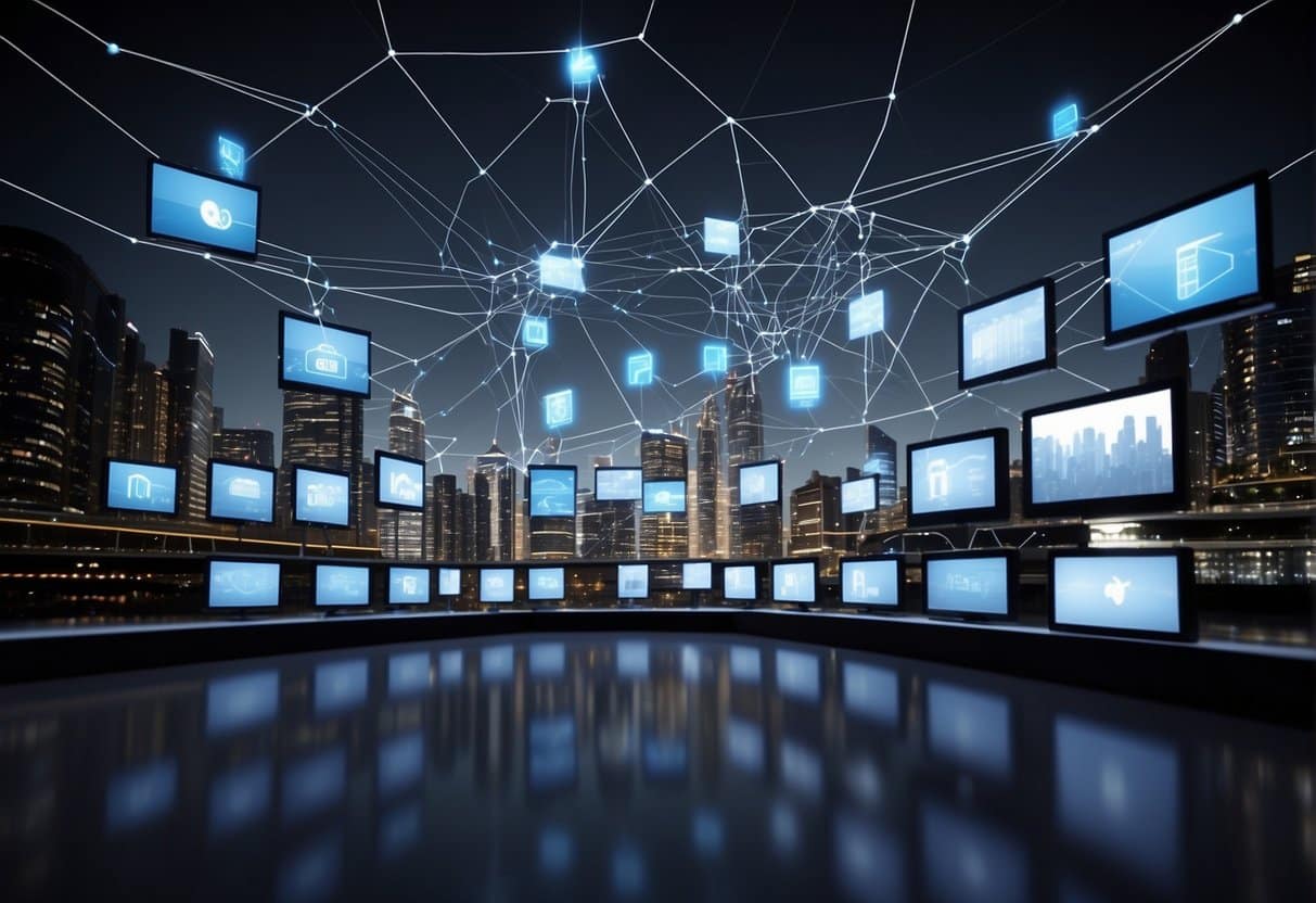 A group of buildings connected by network lines, with online marketing symbols and real estate logos displayed on screens and billboards