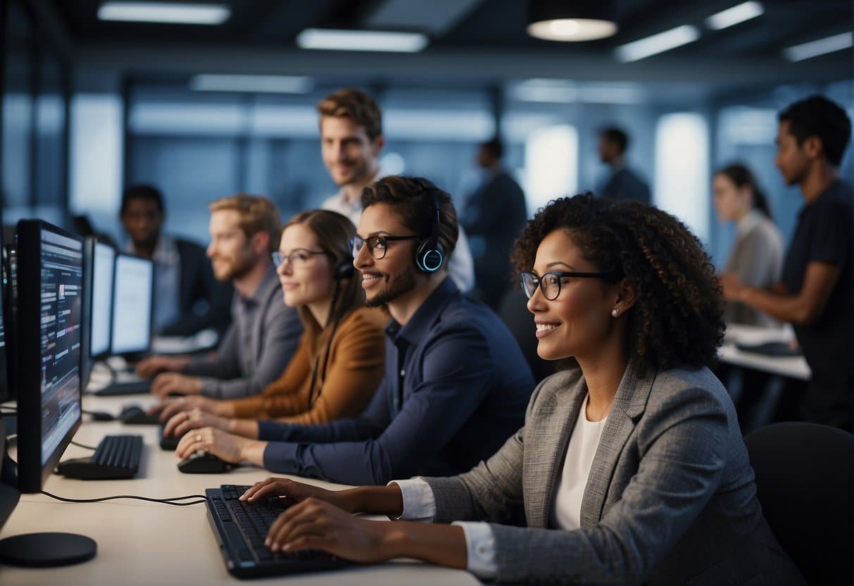 A group of diverse individuals collaborate on computers, utilizing AI technology to streamline operations and expand their non-profit organization's reach