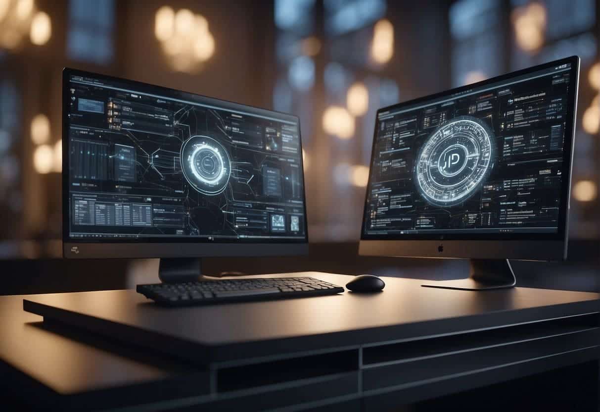 A computer-generated AI system stands amidst a complex legal landscape, with various intellectual property symbols and barriers surrounding it
