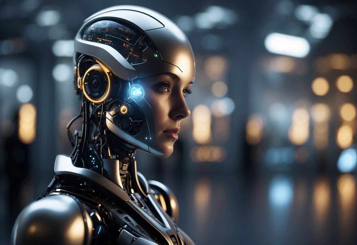 AI technology evolves in a futuristic business setting with advanced machinery and digital interfaces. Emerging technologies shape the future of AI in business