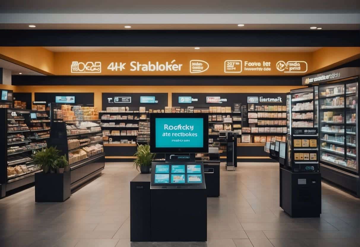 An AI-powered retail store with automated checkout, personalized product recommendations, and inventory management system. Customers interact with digital displays and receive real-time assistance