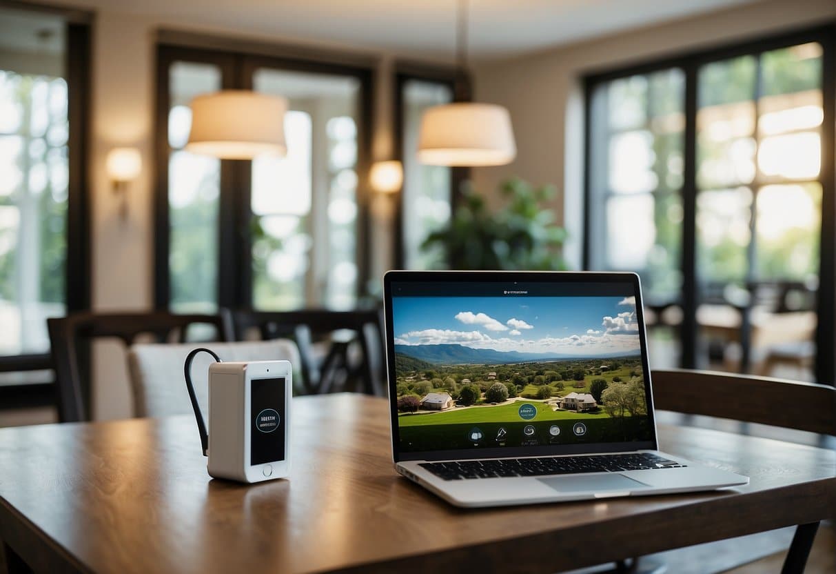 A computer screen displaying a virtual tour of a property, with a real estate logo in the corner. A smartphone and a tablet are nearby, showing the same virtual tour