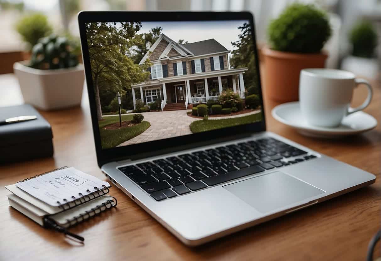 A laptop surrounded by real estate related items like keys, a house model, and a notepad with "SEO tips" written on it