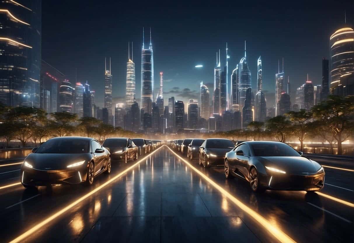 A bustling city skyline with interconnected nodes representing various AI technologies, surrounded by futuristic buildings and vehicles