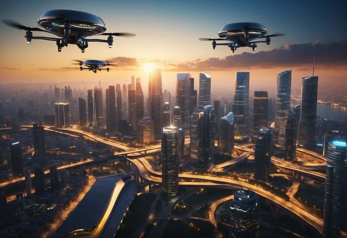 A bustling city skyline with futuristic buildings and AI-powered drones flying overhead, showcasing the integration of AI in business and emerging technologies