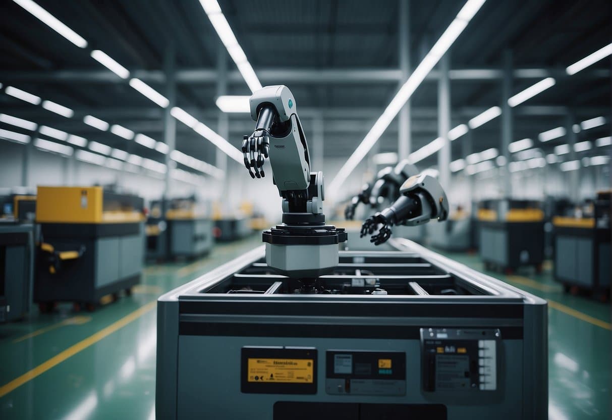 Robotic arms efficiently sort and recycle materials in a futuristic factory, guided by AI algorithms optimizing production