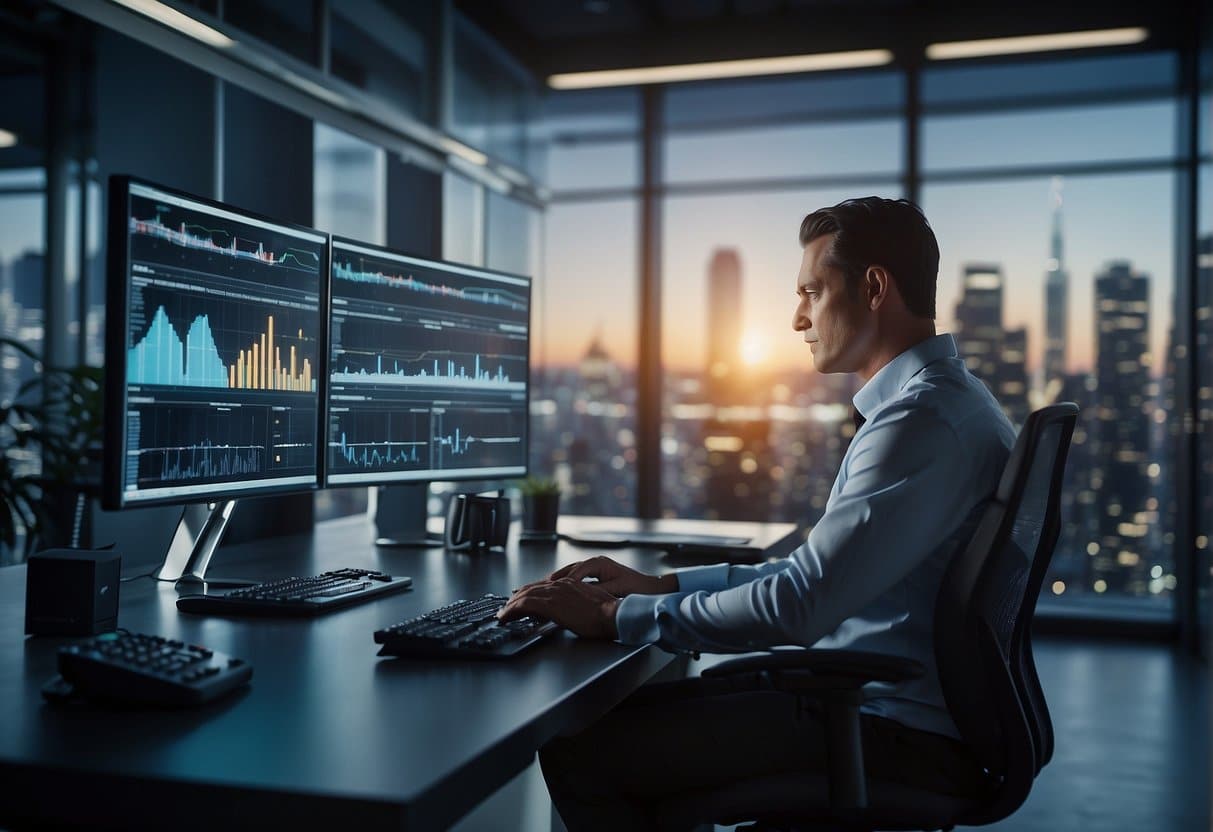 An office setting with AI technology analyzing data for compliance with regulations. Computer screens display graphs and charts, while employees collaborate on implementing AI-driven solutions