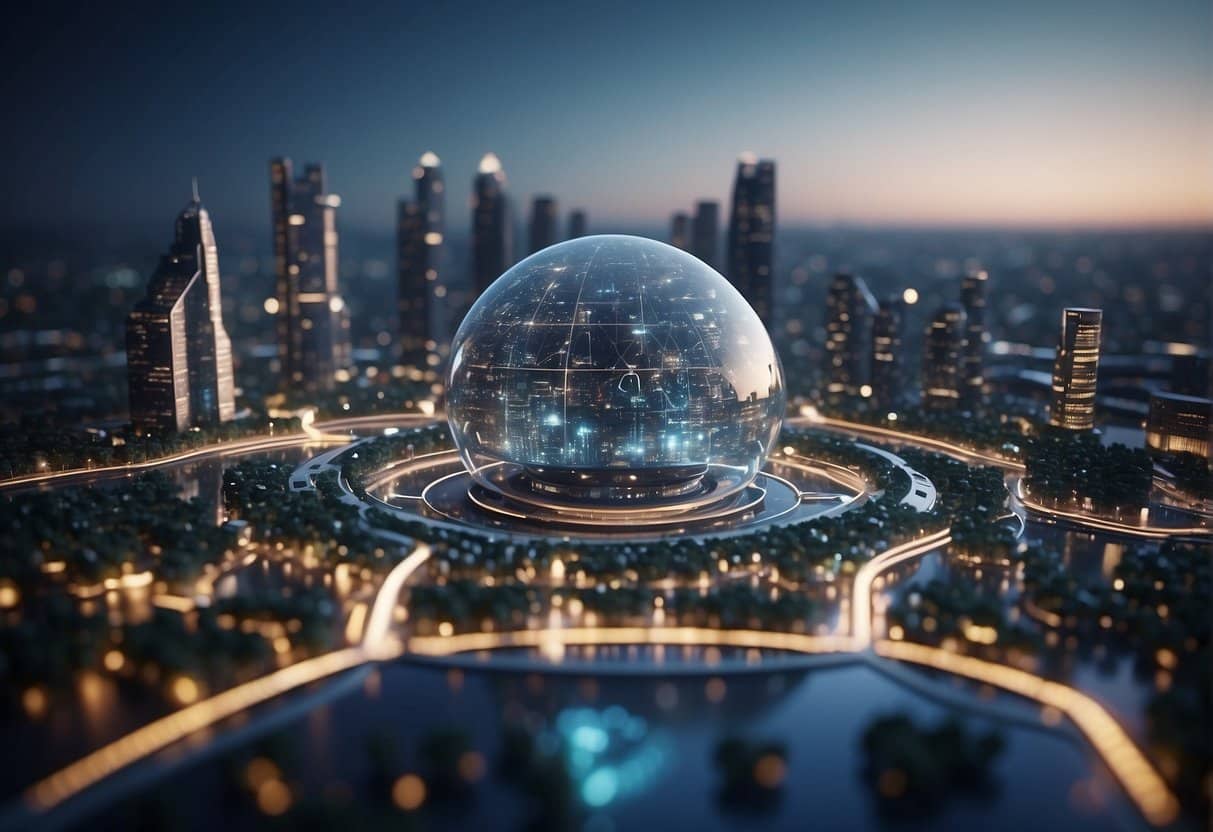 A futuristic city skyline with interconnected data hubs and AI systems ensuring regulatory compliance