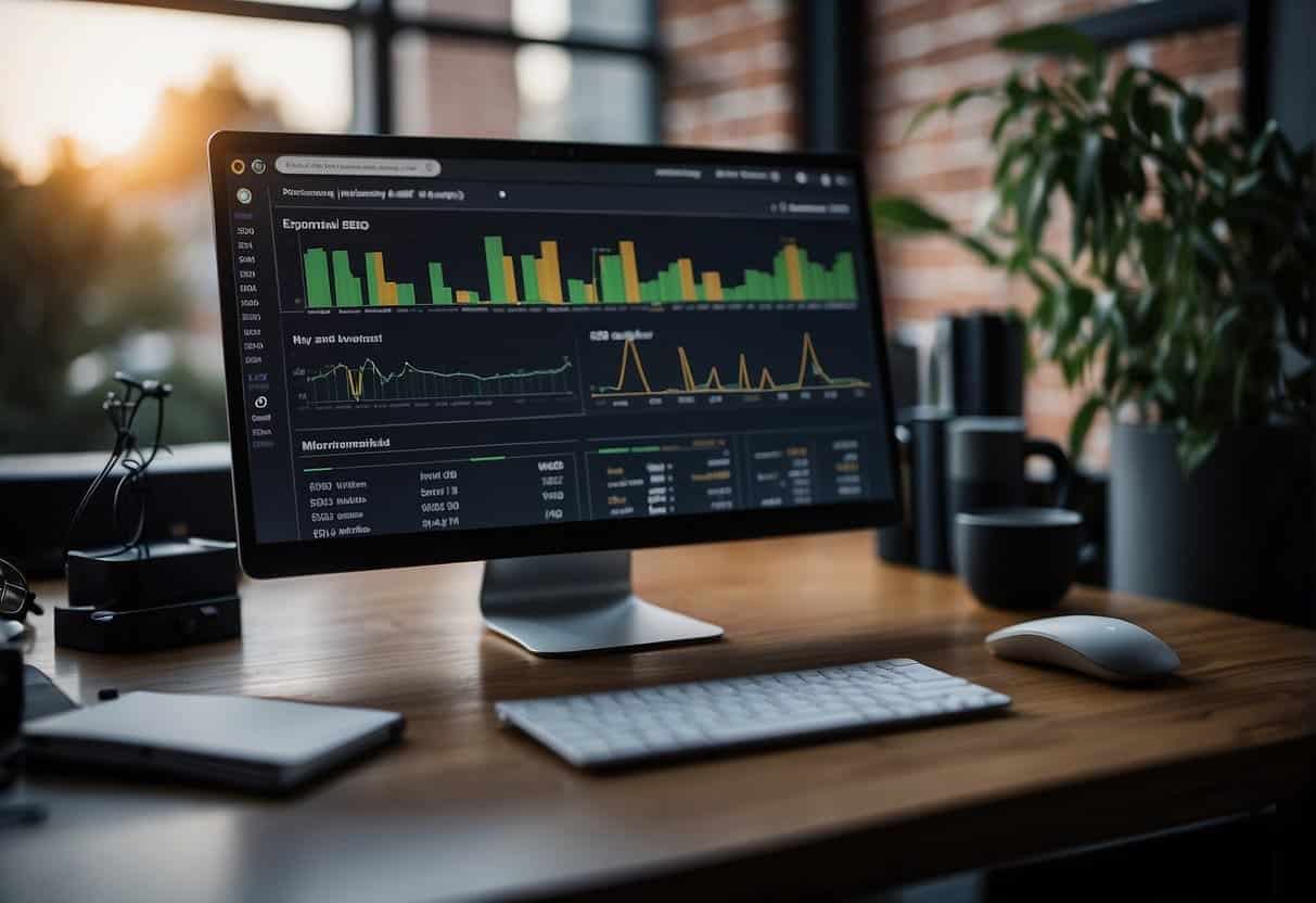 A computer screen displays a website's SEO metrics and maintenance tools. A beginner's guide book sits open nearby