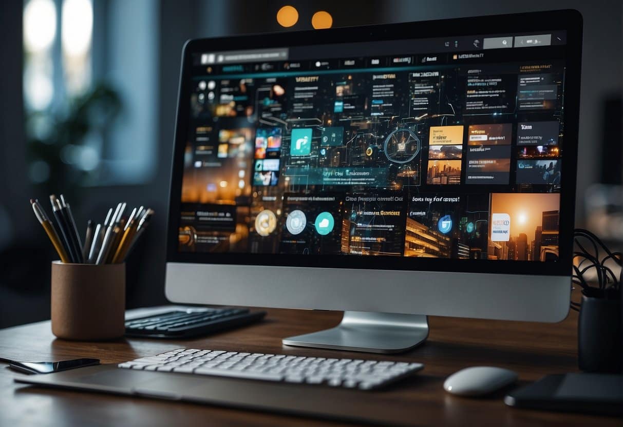 A computer screen displaying a website with well-organized content, surrounded by various SEO-related tools and resources