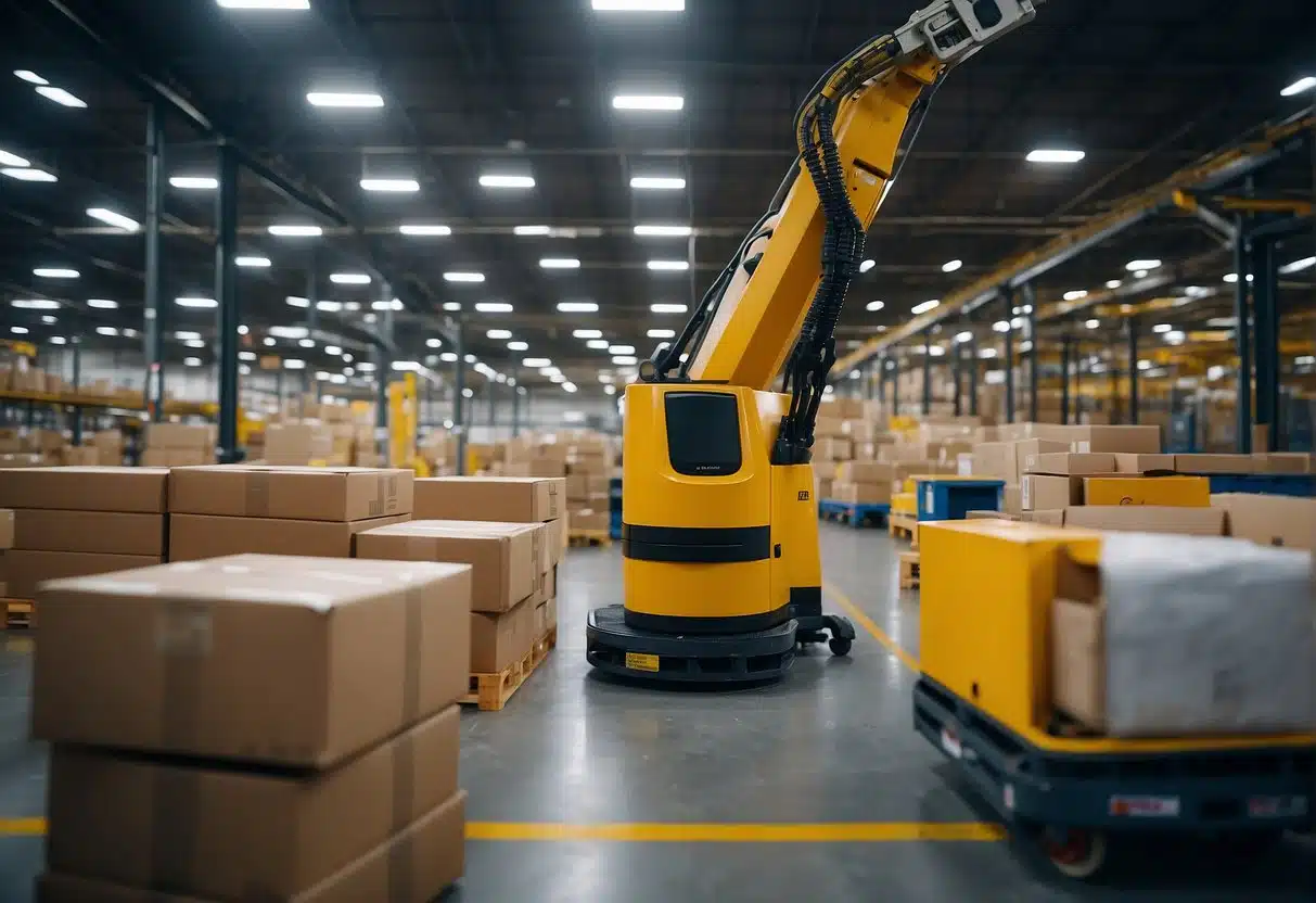 A bustling warehouse with automated robots moving goods, while AI algorithms optimize inventory and logistics