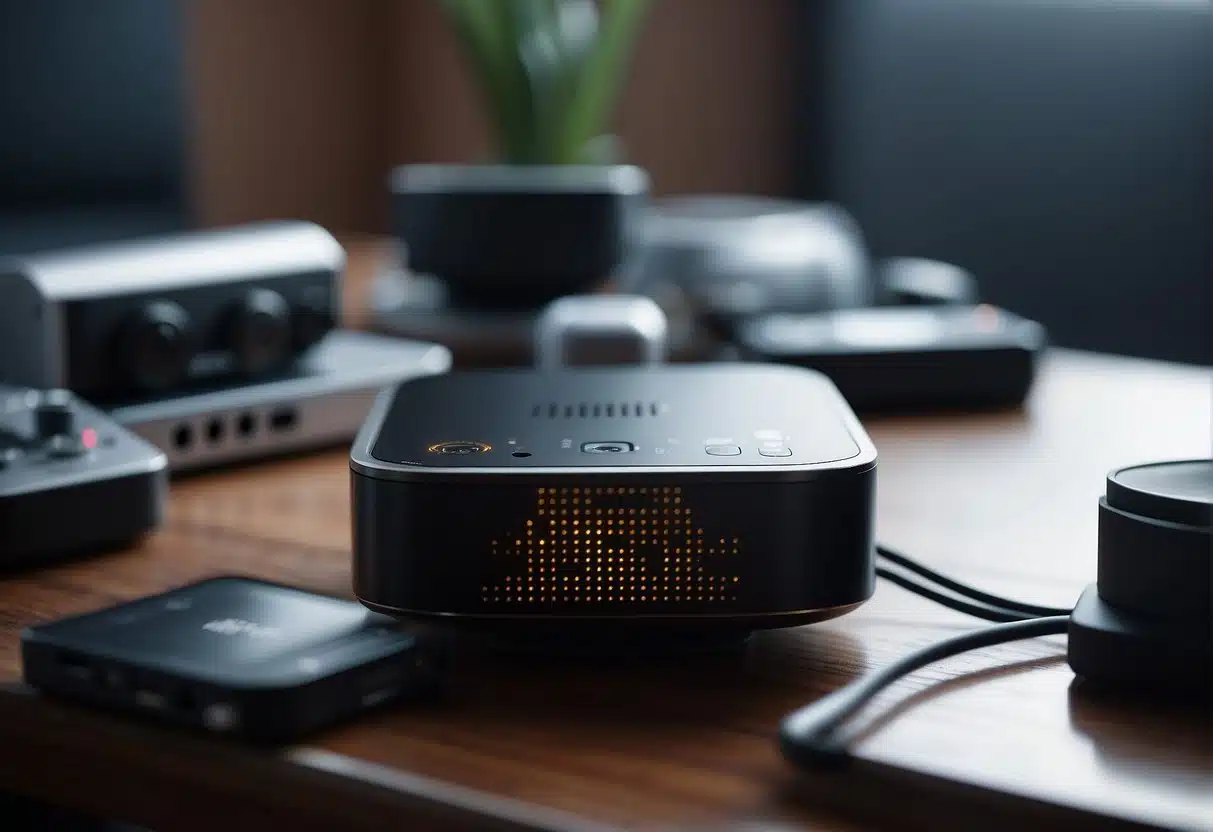 A voice-activated device sits on a table, surrounded by various electronic gadgets. A concerned expression is depicted on the faces of the surrounding devices