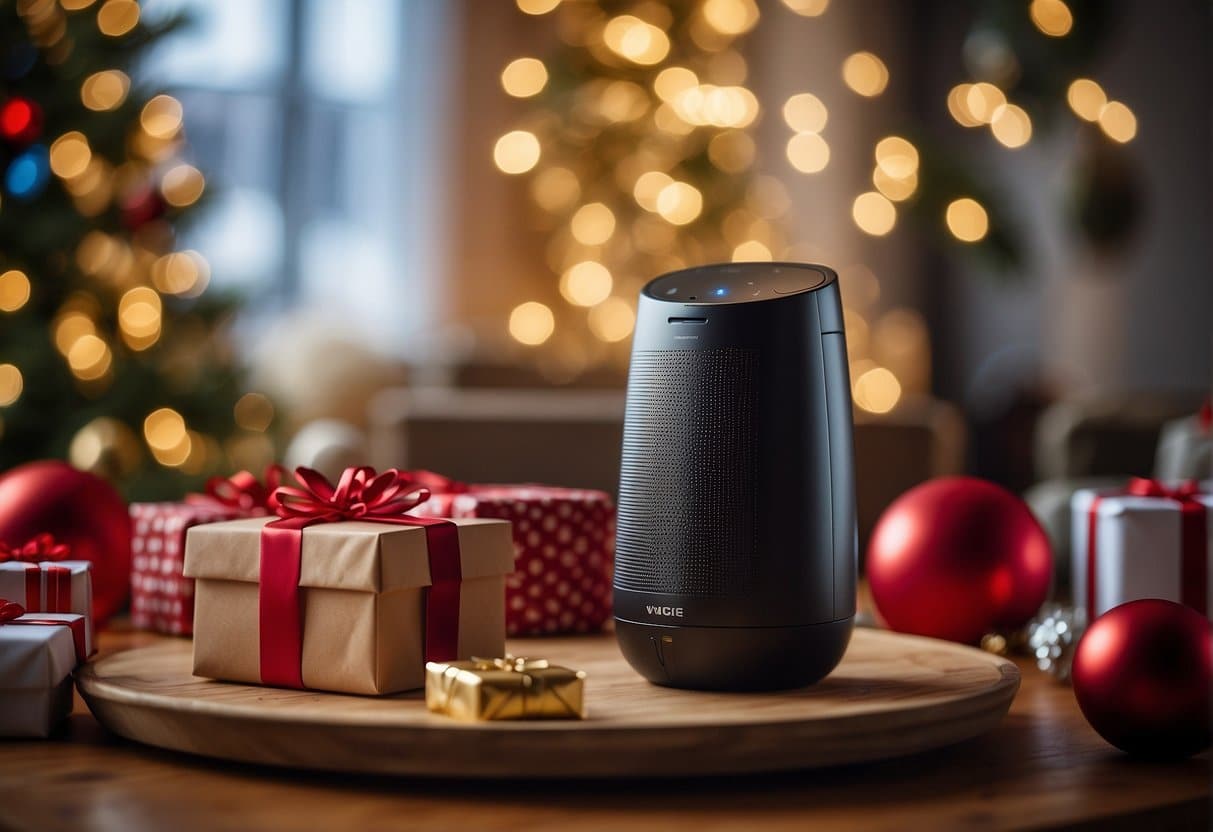 A voice-activated AI device sits on a festive holiday table, surrounded by wrapped gifts and decorations. It responds to a command, showcasing its impact on consumer behavior