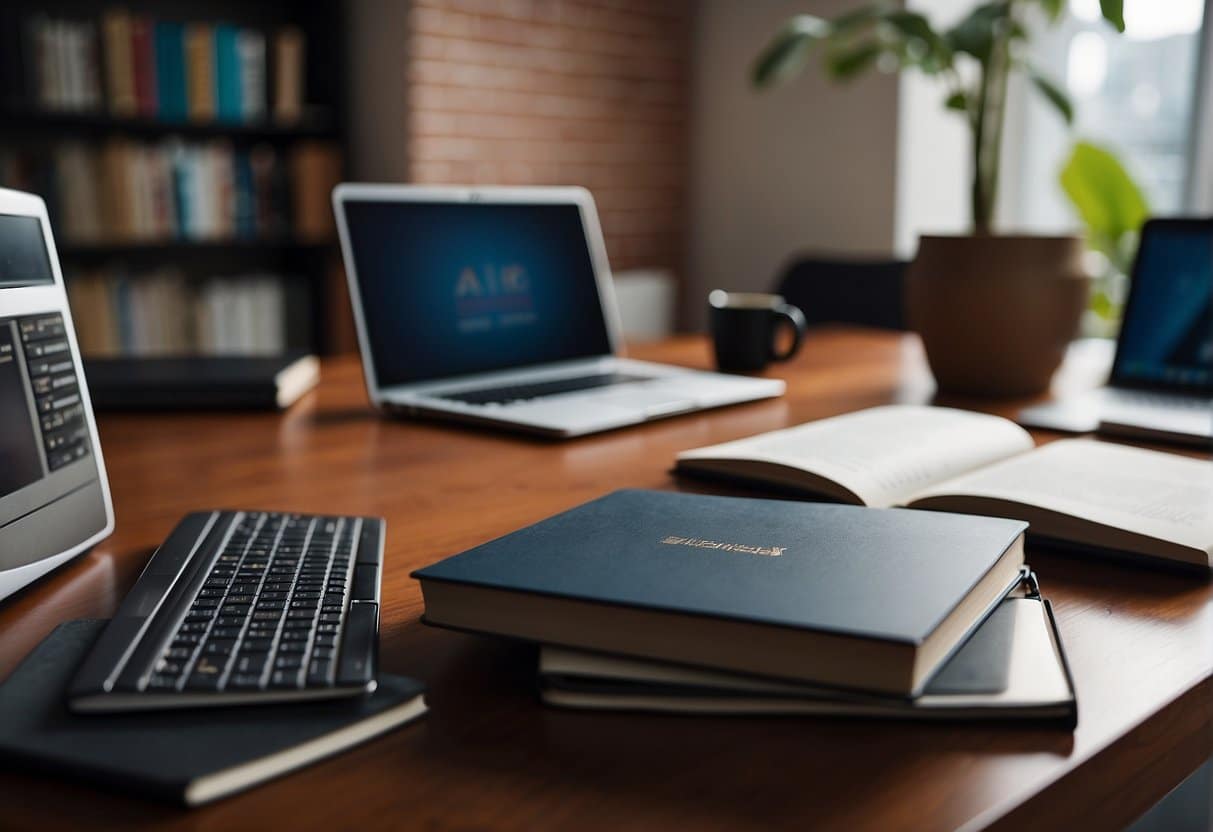 Various AI-related books arranged on a table with a laptop and notepad. A diverse group of entrepreneurs engaged in discussion in the background