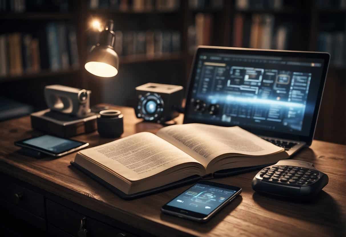 A desk with open books on AI, surrounded by technology and innovation symbols