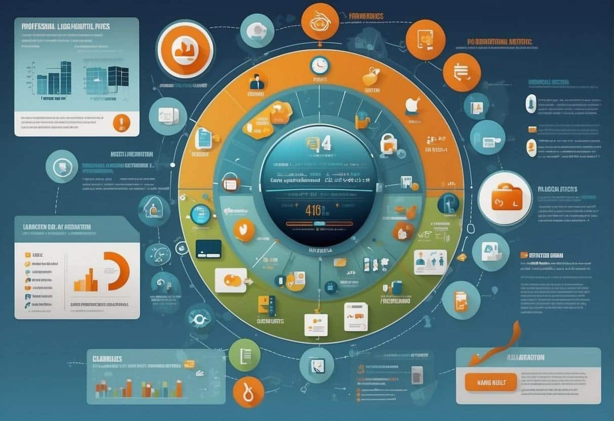 A healthcare infographic surrounded by social media icons and engagement metrics, with a distribution network connecting to various medical platforms