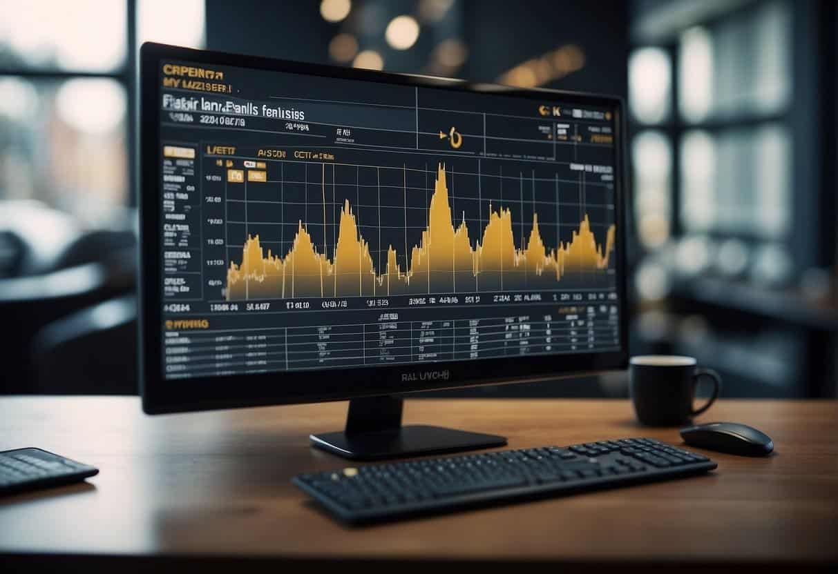 A computer monitor displaying real-time analytics and social media data, with a graph showing an increase in retail sales