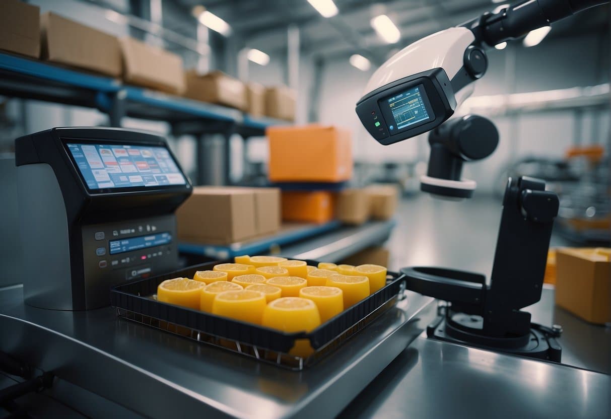 AI optimizes supply chain routes, while robots package gourmet foods. Smart machines monitor beverage quality in a high-tech warehouse