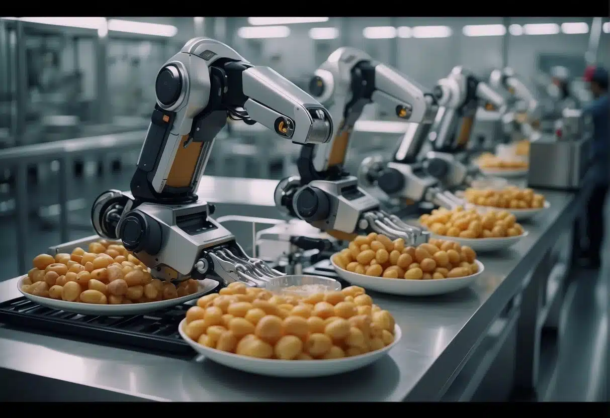 Robotic arms assembling gourmet food and beverage products with AI technology in a modern manufacturing facility