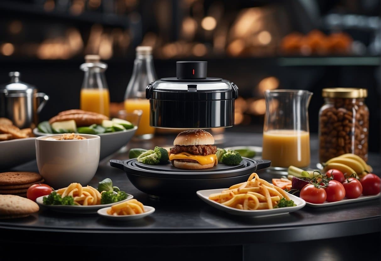 Various gourmet food and beverage items are surrounded by futuristic AI technology, showcasing the financial impact of artificial intelligence in the industry