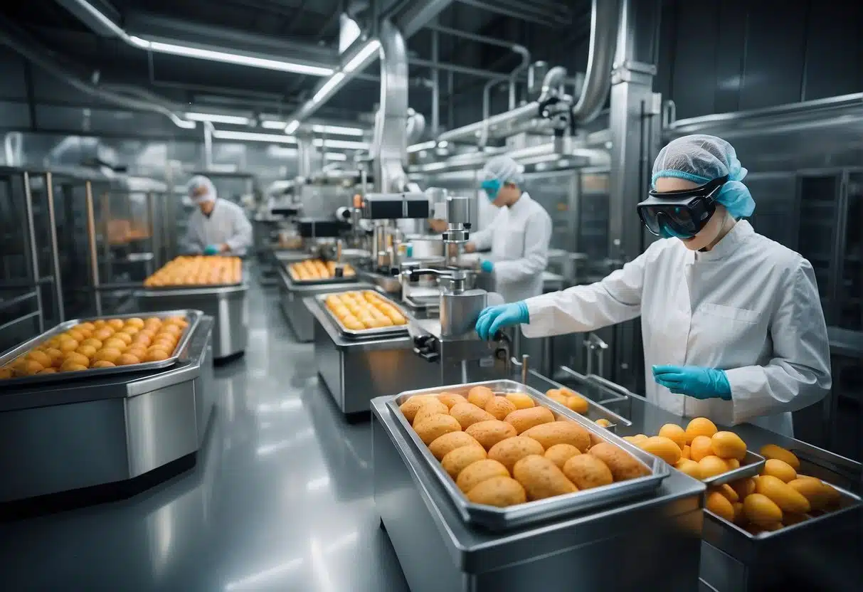 AI analyzes food and beverage production with precision. Quality and safety measures are monitored in a high-tech facility