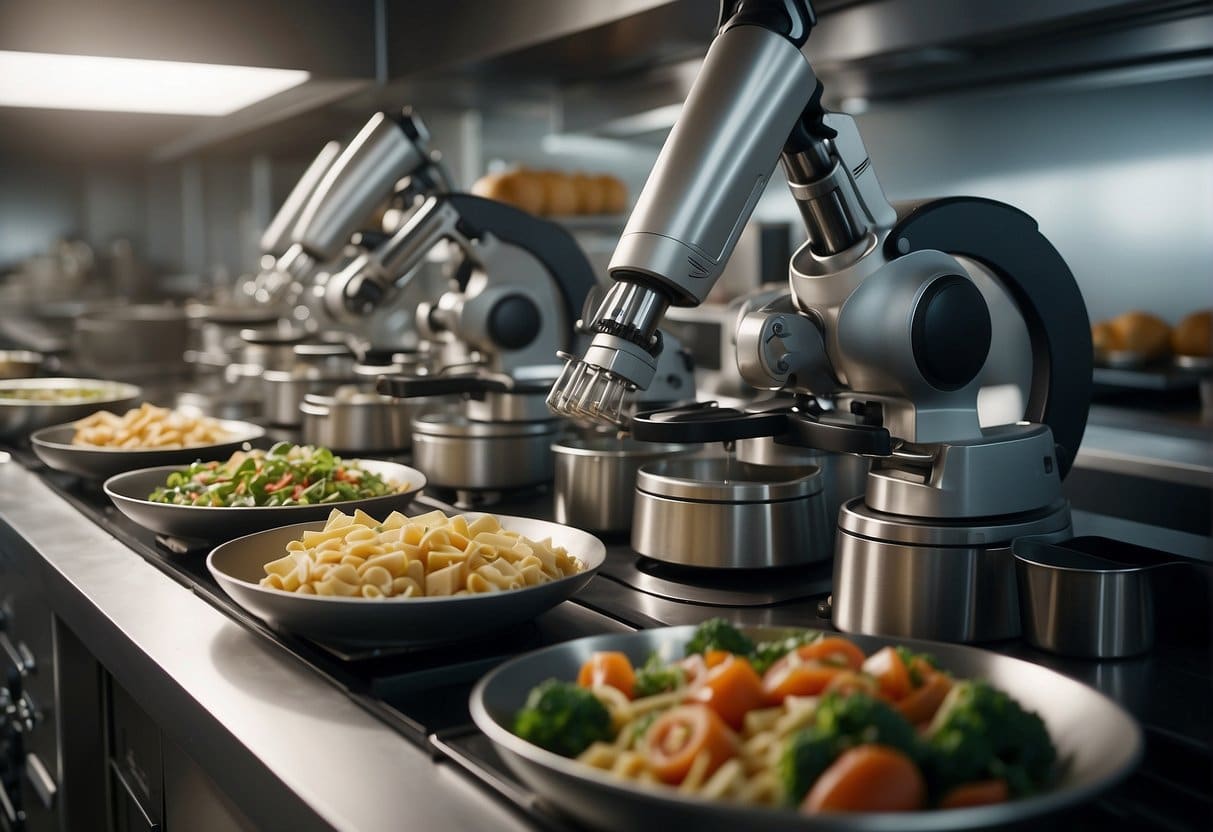 A bustling kitchen with AI robots preparing gourmet dishes and mixing innovative beverages. Smart technology seamlessly integrates into the food and beverage production process, revolutionizing the industry