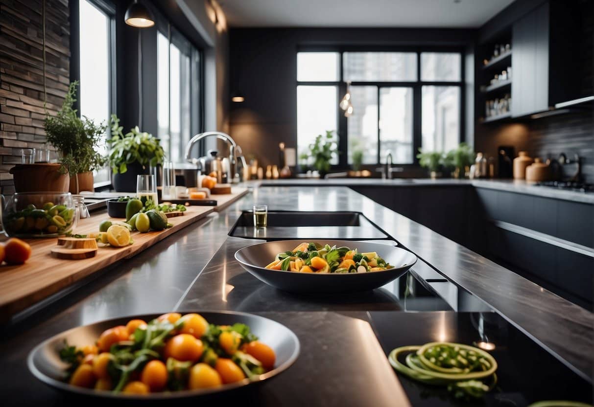 A modern kitchen with AI-powered appliances and digital ordering systems for gourmet food and beverages