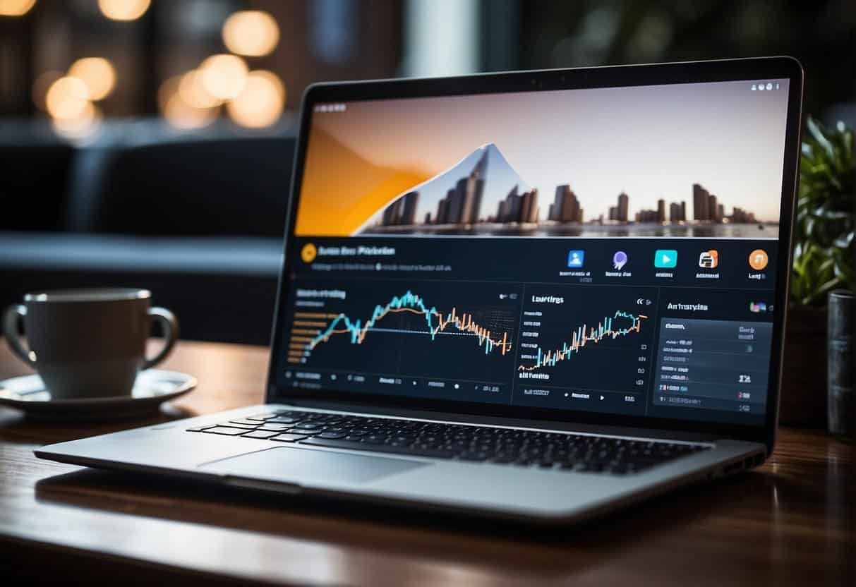 A laptop displaying a law firm's social media profiles with high engagement and a graph showing increased online traffic
