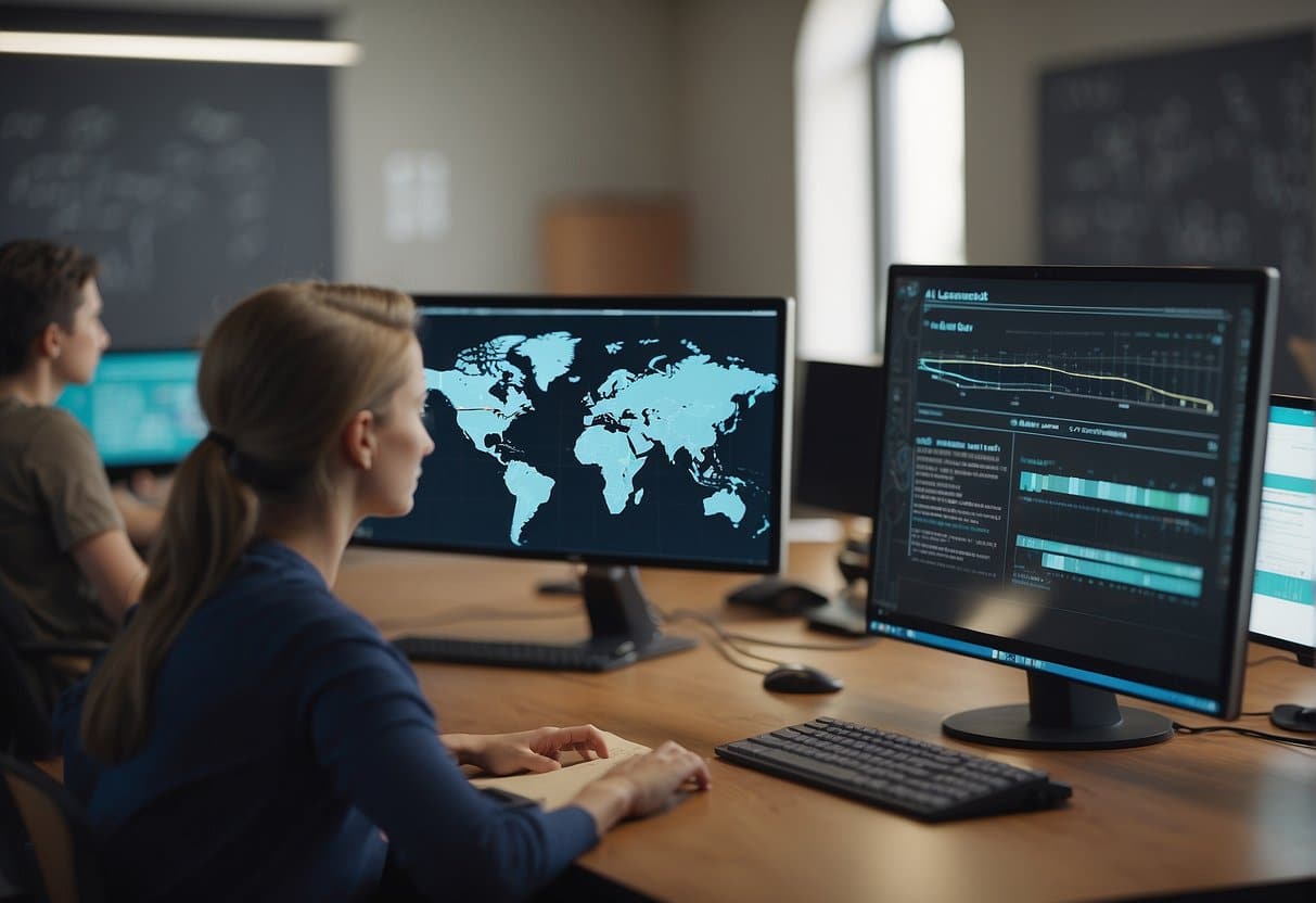 An AI program analyzes student data in a classroom setting, while another AI system assists a teacher in creating personalized lesson plans