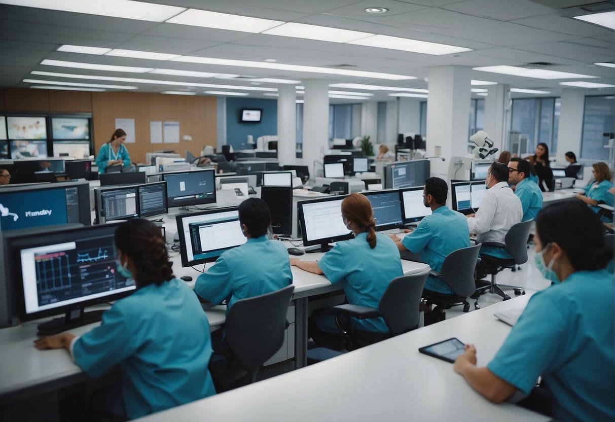 A bustling hospital with AI monitoring patient vitals, a finance office using AI for data analysis, and a classroom with AI aiding in personalized education