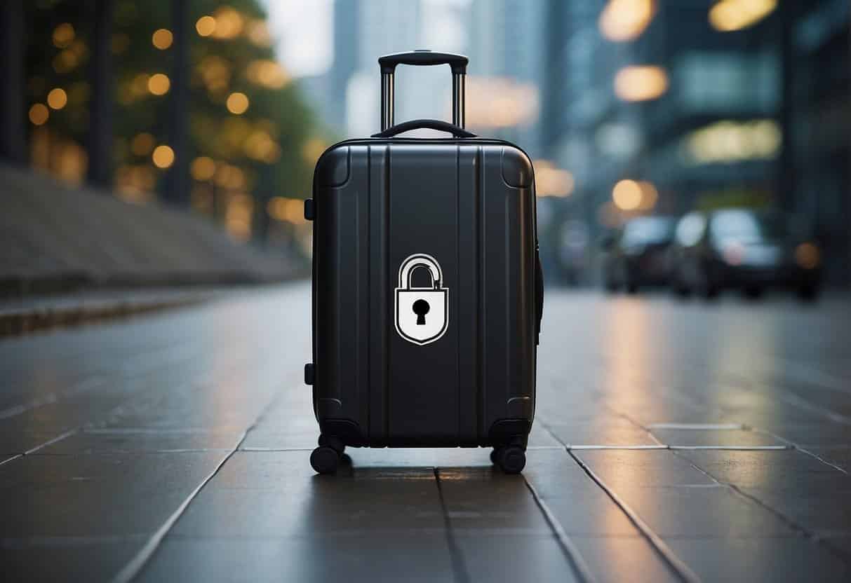 A suitcase with a lock symbol, surrounded by a shield and a question mark, while a digital AI assistant hovers nearby