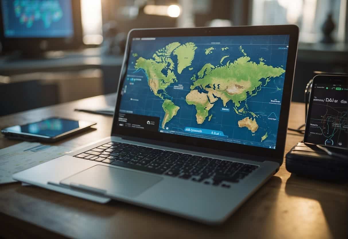 AI analyzes travel data, suggests personalized experiences. Map, suitcase, and smartphone on a desk. AI algorithms in the background