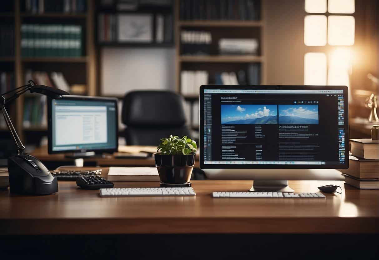 An office desk with a computer and legal books, a website on the screen, and ethical guidelines displayed