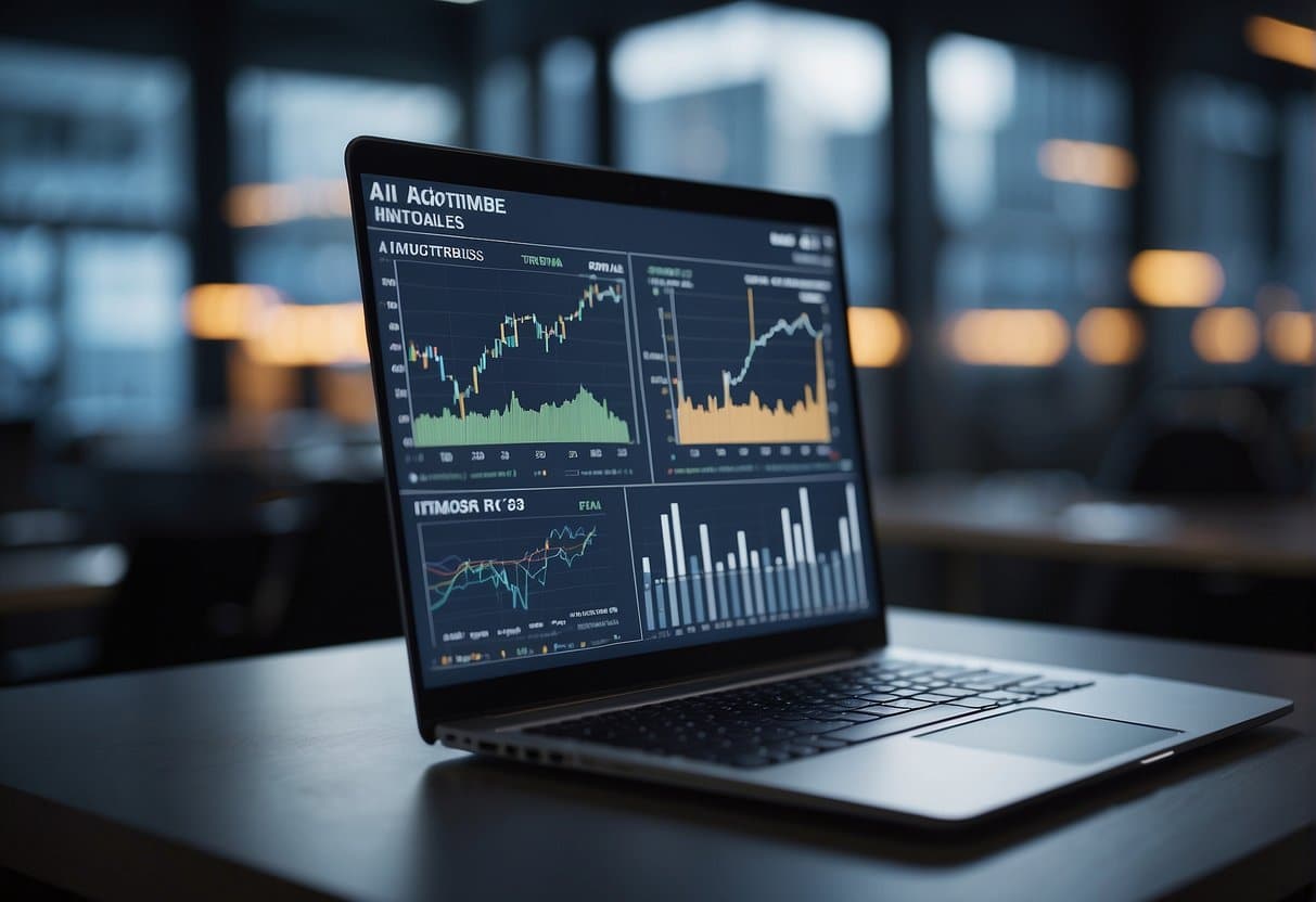 AI algorithms analyze marketing data on a computer screen, while a chart shows performance trends. A small business logo is visible in the background