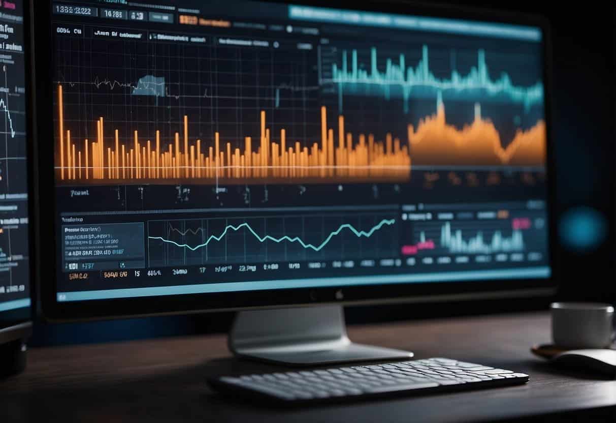 A computer screen displaying AI algorithms analyzing marketing data for small businesses. Charts and graphs show targeted strategies being implemented