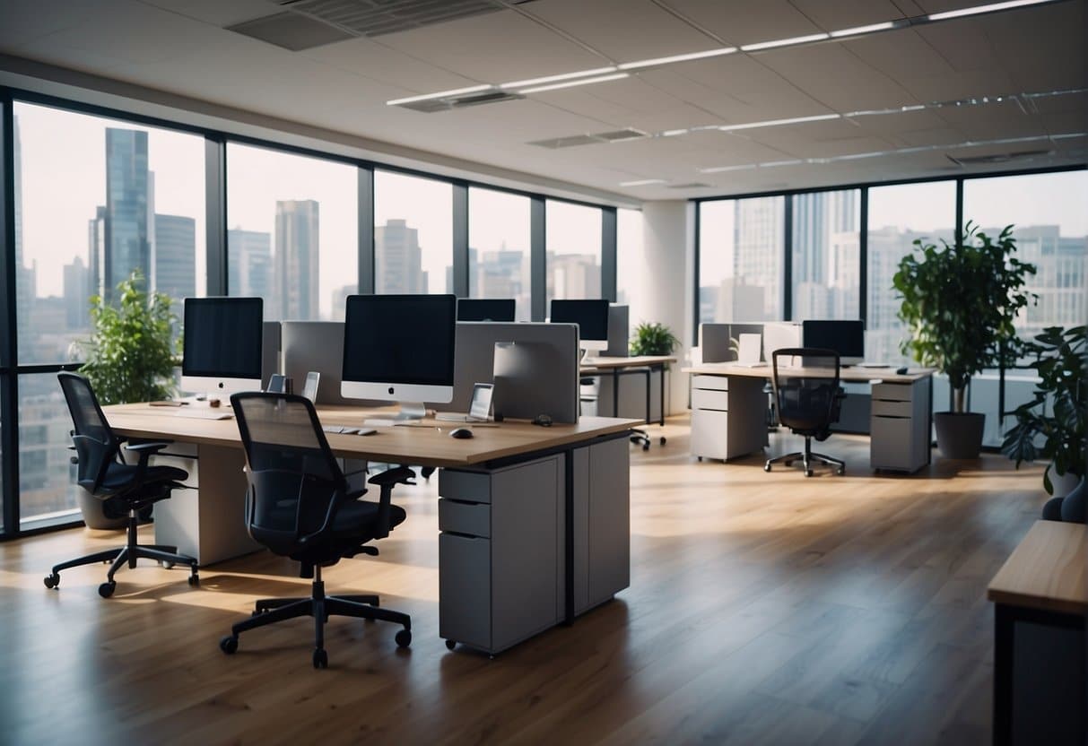 A sleek, modern office with AI technology seamlessly streamlining marketing processes. Data analytics and automation tools optimize efficiency and reduce costs for small businesses