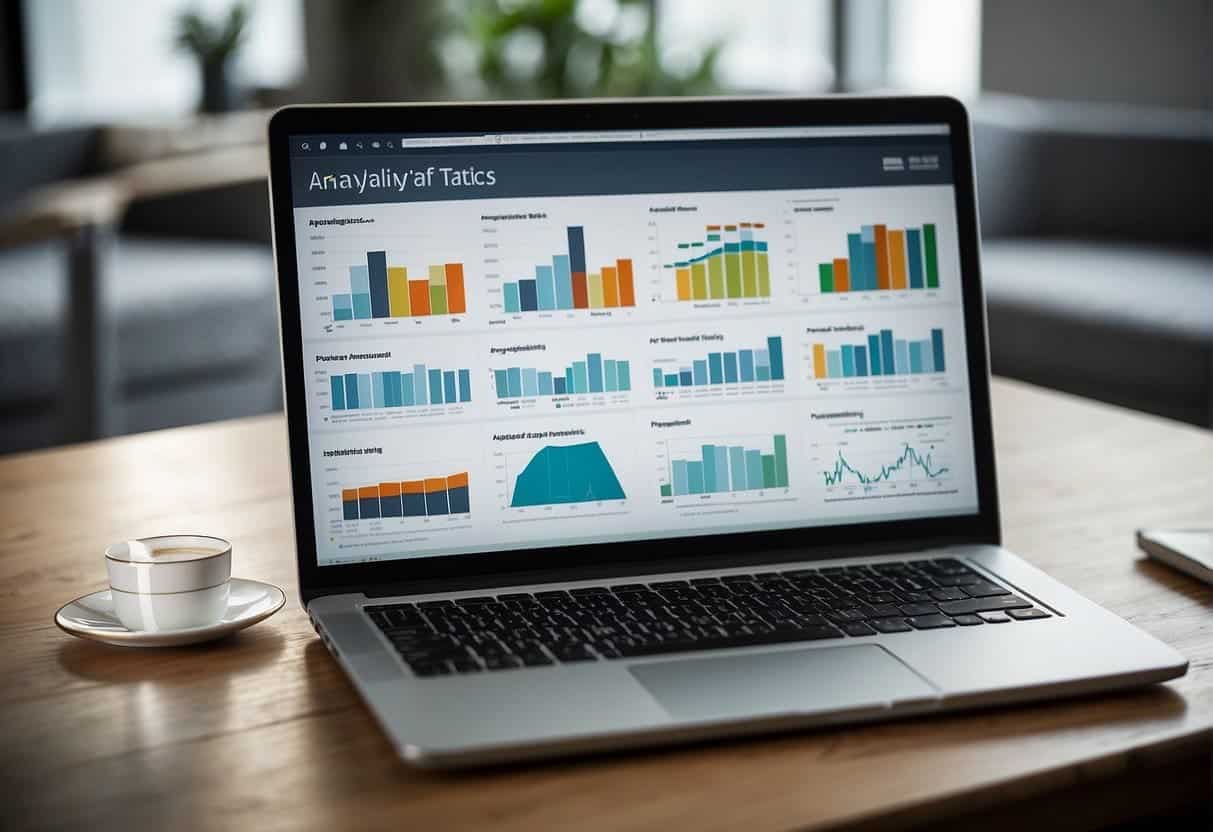 Law firm logo displayed on computer screen with various online marketing analytics charts and graphs. Text reads "Analysing Performance and Adjusting Tactics"