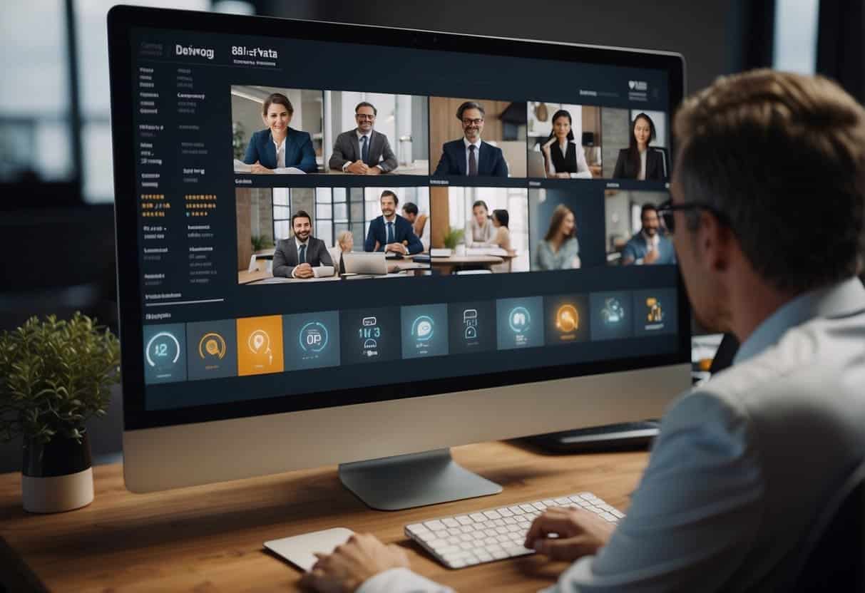 A lawyer and a marketing agency discussing strategy via video call. Screens show data and marketing plans. Collaboration and teamwork evident