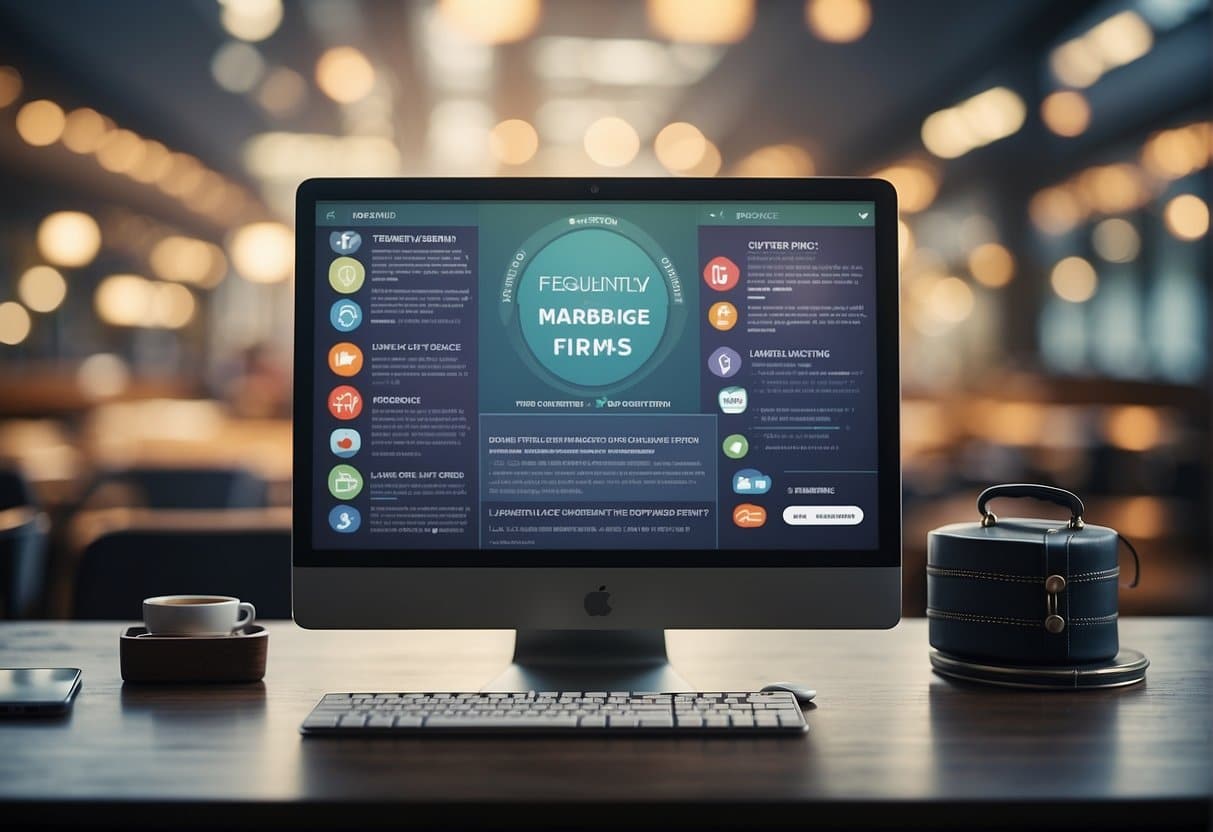 A computer screen displaying a webpage with the title "Frequently Asked Questions Online Marketing for Law Firms" surrounded by various legal and marketing icons and graphics