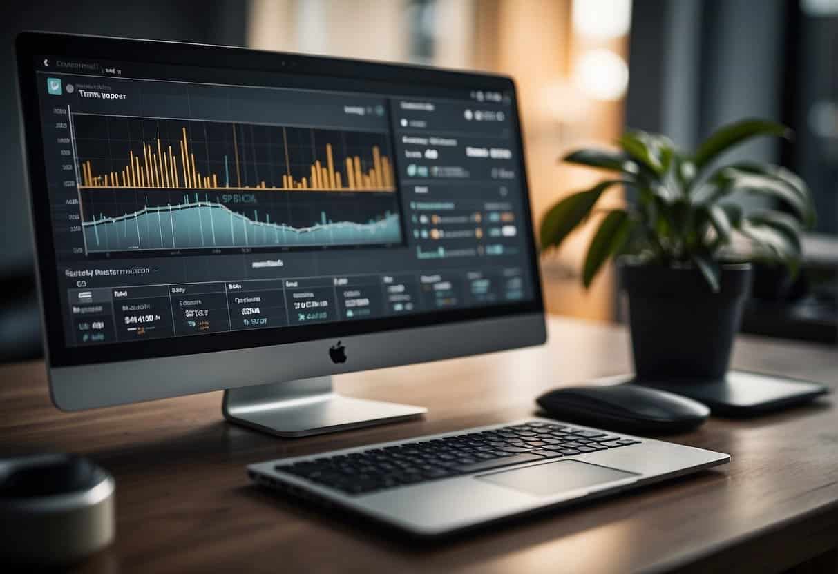 A computer screen displays SEO tools and a website, with graphs and data showing performance metrics