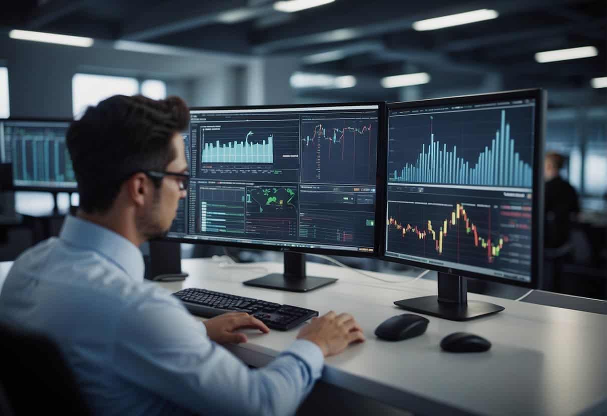 AI monitors workers training, analyzing data and adjusting programs. Charts show progress. AI integrates seamlessly with development processes