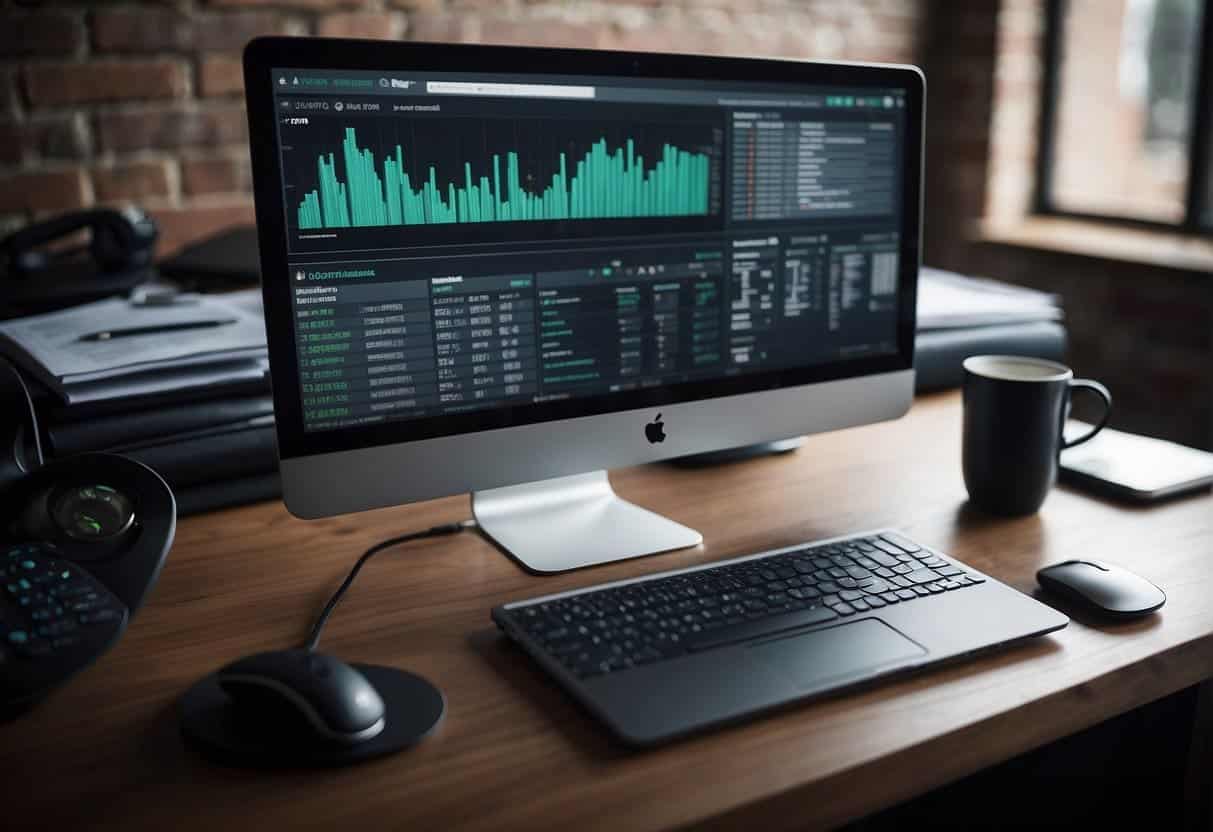 A desk with a computer, AI software, and various technological devices. A small business logo on the screen