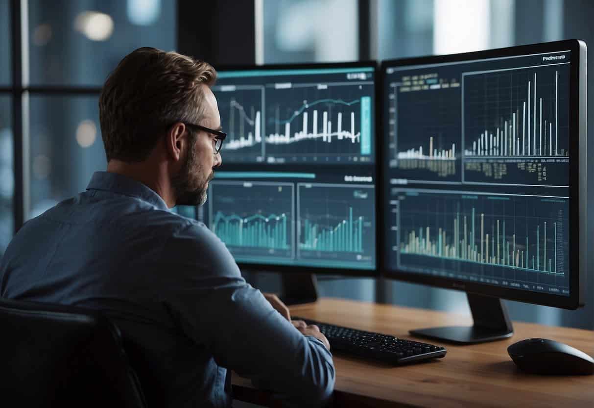 An SME owner researching AI options, weighing benefits and risks. Computer and data visualizations on desk